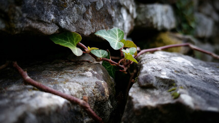 Crumbling Stone Wall with Creeping Ivy and Cracks