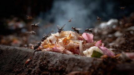 Rotting Food Scraps in Trash Heap with Flies and Rats
