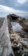Abandoned Rotting Boat on Deserted Shore with Barnacles