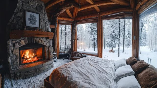 A cozy wooden cabin nestled among snow-covered mountains, warm inside with a crackling fireplace and panoramic views of the wintry landscape through frosted windows.