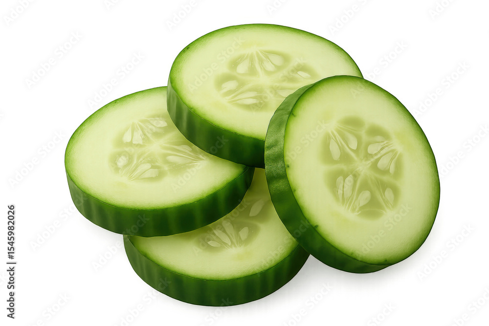 Poster sliced cucumber layers revealing inner seeds and crisp texture, arranged neatly against transparent 