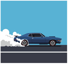 Muscle Car Burnout on Asphalt Road