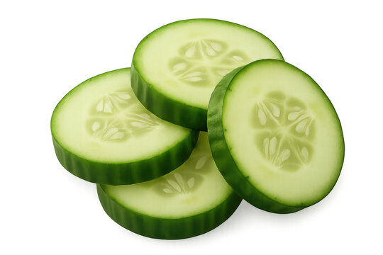 Sliced cucumber layers revealing inner seeds and crisp texture, arranged neatly against transparent backdrop