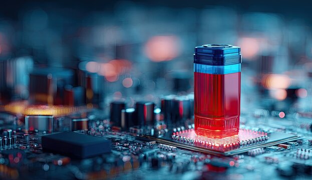 Glowing red data core on circuit board, futuristic cityscape backdrop
