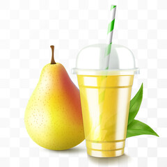 Clear plastic cup with sweet pear juice or smoothie. Cup with sphere dome cap for milkshake, lemonade. Fruity organic shake with ice cube. Fruit cocktail. Realistic 3d vector template