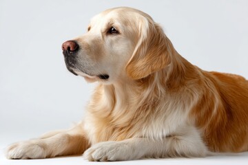 Golden retriever dog sitting calmly with white background