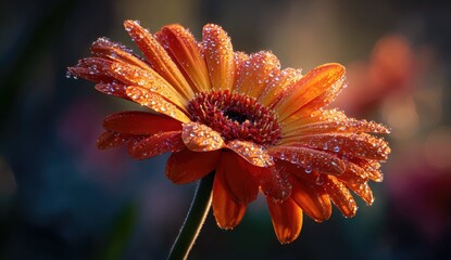 Dew-kissed orange gerbera daisy, backlit, showcasing vibrant petals and glistening droplets