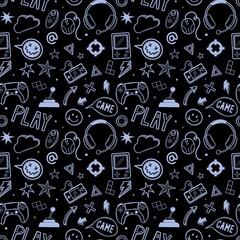 Video game hand-drawn doodle seamless pattern on black background. Gaming console, joystick, controller elements.