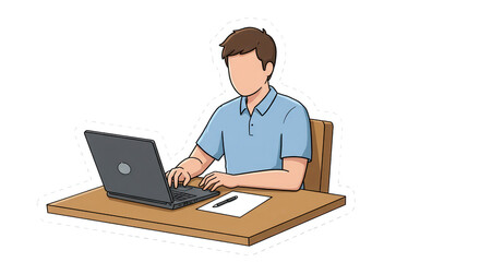 Cartoon Illustration of Person Working on Laptop at Desk