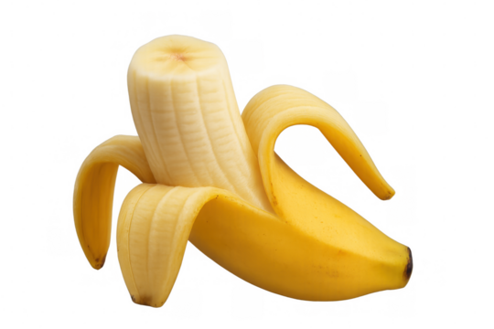 Peeled banana displaying clean separation against white backdrop, highlighting fresh nutrition