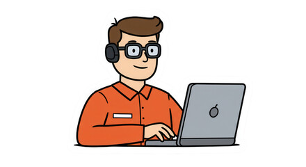 Cartoon Man Working on Laptop with Headphones