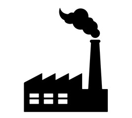 A black icon of a factory building with smoking chimneys. Its simple black silhouette on a white background makes it versatile for maps, infographics, environmental discussions, business presentations