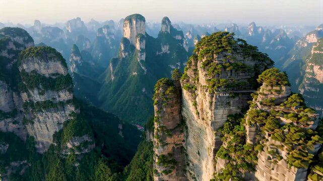 araffes in the mountains of china are surrounded by green trees