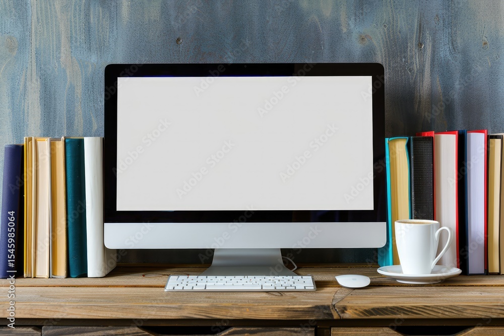 Poster clear pixel visual of mock up computer with empty display books and coffee cup on wooden desk