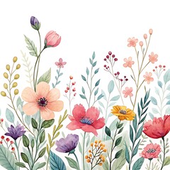 Wild Floral Border with Abstract Blossoms in Watercolor
