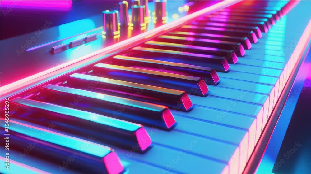 Aufkleber a keyboard with colorful lights and a neon backdrop, creating an atmospheric stage effect.