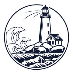 Lighthouse on rocky coast with crashing waves illustration