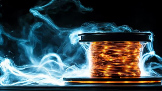 Glowing copper wire spool with blue smoke, dark background