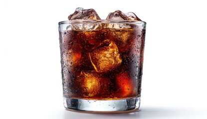 A short, clear glass filled with a dark, carbonated beverage and several ice cubes, condensation visible on the glass's exterior, set against a stark white background
