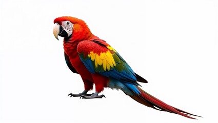 Fototapeta premium Vibrant scarlet macaw parrot with colorful feathers on a white background 