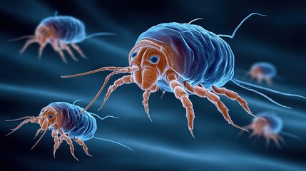 Macro 3D visualization of dust mites crawling inside mattress fabric with ultra-detailed fiber strands, realistic color mites, clean lighting, hygienic bedding concept for allergy prevention and produ