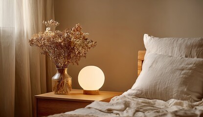 Warm-lit bedroom scene with a bedside table holding a spherical lamp and dried flowers in a glass vase, next to a bed with beige linen bedding