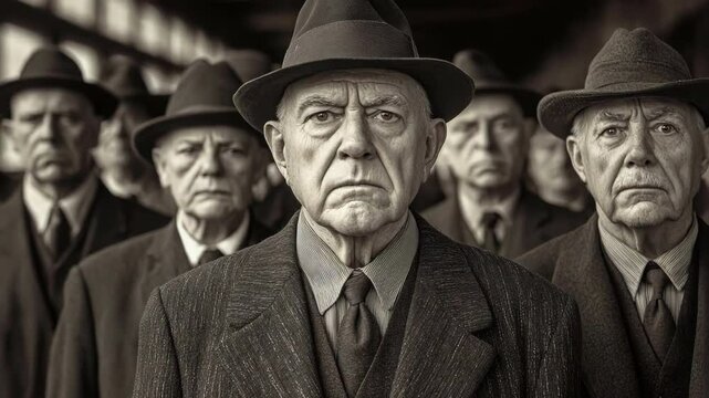 Serious older men in fedoras stand in a row, monochrome.