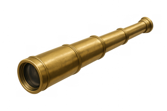Vintage brass telescope isolated on transparent background, evoking a sense of discovery and exploration