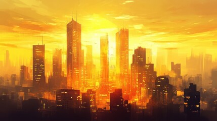Fototapeta premium Stunning Sunset Over Urban Skyline with Silhouette of Buildings