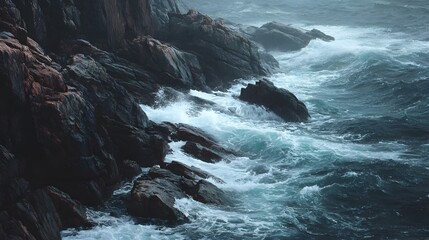 Fototapeta premium Dramatic Dark Ocean Waves Crashing Against Rugged Rocky Coastline