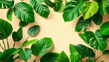 Fototapete Badezimmer Vibrant green tropical leaves form a lush frame on a soft beige background, tropical leaves,  pastel  © Poom
