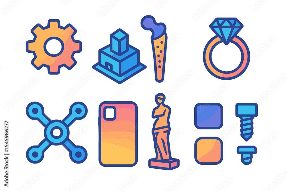 Poster colorful geometric icons representing objects and symbols in flat design style
