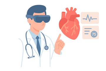 Doctor using virtual reality to explore human heart anatomy and health metrics in a modern medical setting