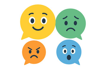 Colorful emoticons expressing various emotions on a white background for use in communication and social media