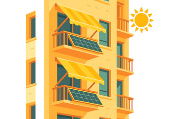 Sunny apartment building with solar panels and awnings in a bright urban setting