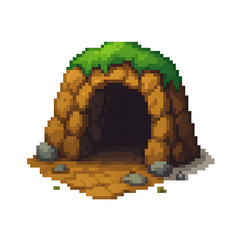 Fototapeta premium Pixel art cave entrance carved into stone, with mossy edges, interior shading, and loose rocks in 8-bit style. Ideal for RPG maps, terrain sprites, or dungeon entrances.