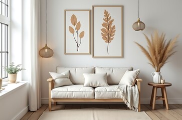 Beige Sofa Home Decor Simple Plant Prints Botanical Still Life ai generated