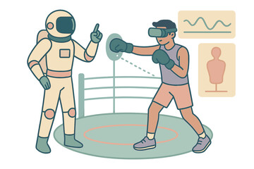 Virtual reality boxing training with an astronaut coach in a futuristic setting