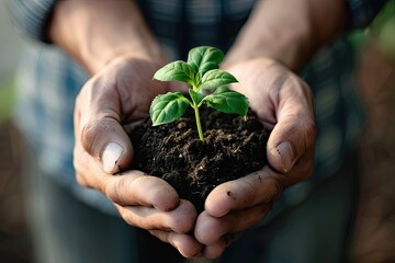High Quality Visual of Closeup of Male Hands Holding Soil and Growing Plant