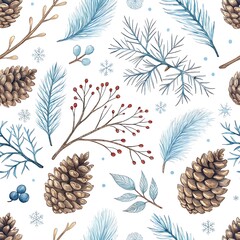 Fototapeta premium Winter Pinecones and Branches Seamless Watercolor Pattern