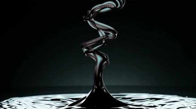 Hyperrealistic macro shot of a single drop of black ink striking clear water in a glass vessel, frozen at impact as delicate ink tendrils descend, dramatically backlit against a dark, minimalist backg