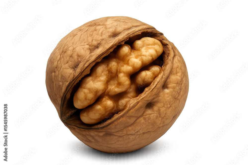 Poster walnut shell splitting apart, revealing inner kernel against transparent backdrop