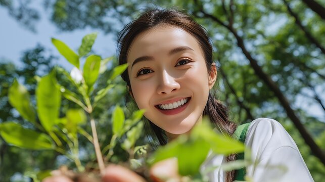 Young Asian woman planting tree outdoors in nature