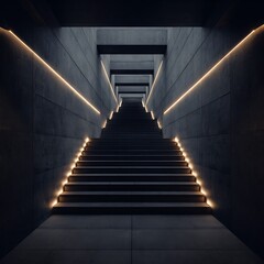 A long and dark stairs with illuminating lights surrounding going up towards an opening to the next level; a dark ominous stairs case to the top; success and hardship; climb to .