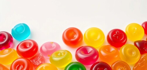 Vibrant, glossy fruit jellies in assorted colors against a pure white backdrop,  jelly bean,   delicious candy