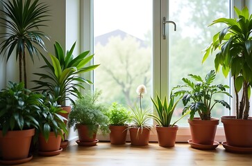 Bright Green Houseplants in Terracotta Pots Natural Light Background ai generated