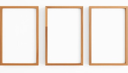 Three empty wooden frames on a minimalist white wall, showcasing clean lines and simple design,  simple,  composition