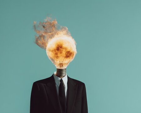 A man's head is on fire, with a light bulb in the middle of the flames