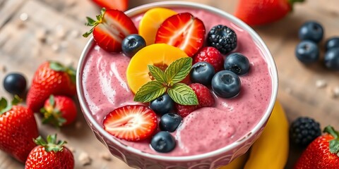 Vibrant berry smoothie bowl topped with fresh fruit ,   energy,   table