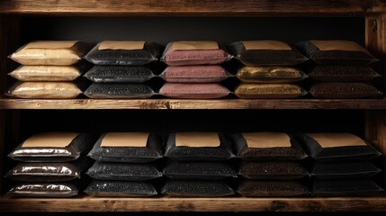 Naklejka premium Assorted sealed grain packs on tiered wood shelves with uniform product placement